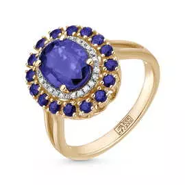 Золотое кольцо c бриллиантами, кианитом и сапфирами