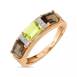 Золотое кольцо c бриллиантами, перидотом и кварцем