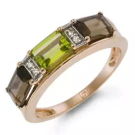 Золотое Кольцо c бриллиантами, перидотом и кварцем