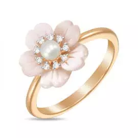 Золотое кольцо c бриллиантами, перламутром и жемчугом