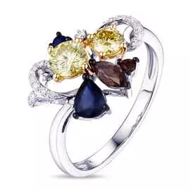 Золотое кольцо c бриллиантами, сапфирами и кварцем