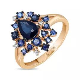 Золотое кольцо c бриллиантами, сапфиром и цветными сапфирами