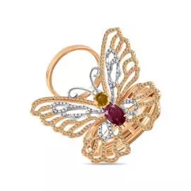 Золотое кольцо c бриллиантами, цветными сапфирами и турмалином