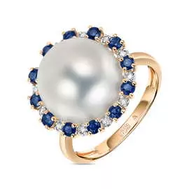 Золотое кольцо c бриллиантами, жемчугом и сапфирами