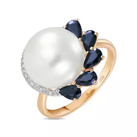 Золотое кольцо c бриллиантами, жемчугом и сапфирами
