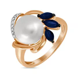 Золотое Кольцо c бриллиантами, жемчугом и сапфирами