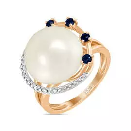 Золотое кольцо c бриллиантами, жемчугом и сапфирами