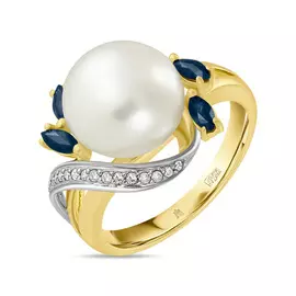 Золотое Кольцо c бриллиантами, жемчугом и сапфирами