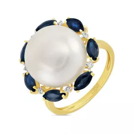 Золотое кольцо c бриллиантами, жемчугом и сапфирами