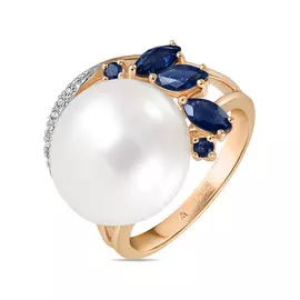 Золотое кольцо c бриллиантами, жемчугом и сапфирами