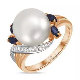 Золотое Кольцо c бриллиантами, жемчугом и сапфирами