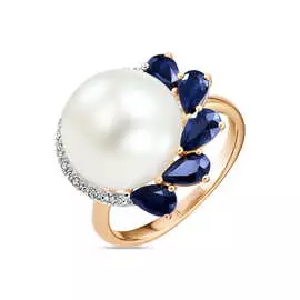 Золотое кольцо c бриллиантами, жемчугом и сапфирами