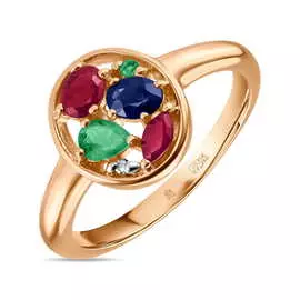 Золотое кольцо c бриллиантом, изумрудами, рубинами и сапфиром