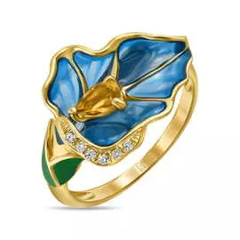 Золотое Кольцо c цитрином, бриллиантами и эмалью