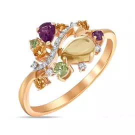 Золотое кольцо c цитрином, бриллиантами, перидотами и родолитом