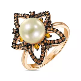 Золотое кольцо c цитрином, бриллиантами, жемчугом и сапфирами