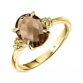 Золотое кольцо c хризолитами и кварцем