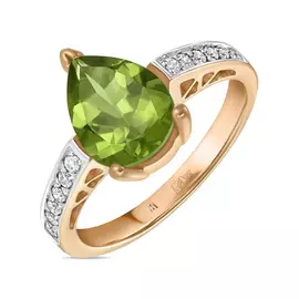 Золотое кольцо c хризолитом и фианитами