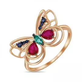Золотое Кольцо c изумрудом, рубином и сапфирами