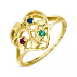 Золотое кольцо c изумрудом, рубином и сапфиром