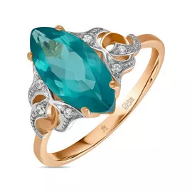 Золотое кольцо c наноситал аквамарином и фианитами