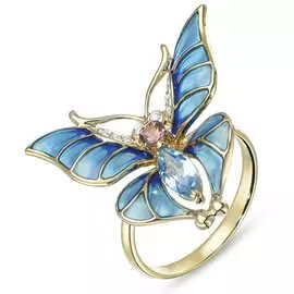 Золотое кольцо c топазом, бриллиантами, эмалью и турмалином