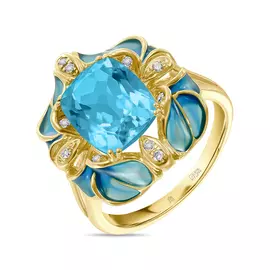 Золотое кольцо c топазом, бриллиантами и эмалью