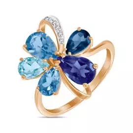 Золотое кольцо c топазом, бриллиантами и иолитом