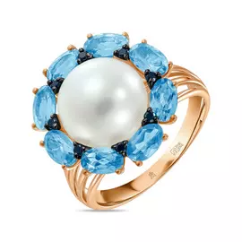Золотое кольцо c топазом, бриллиантами и жемчугом