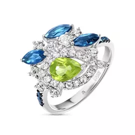 Золотое кольцо c топазом, бриллиантами, перидотом и сапфирами