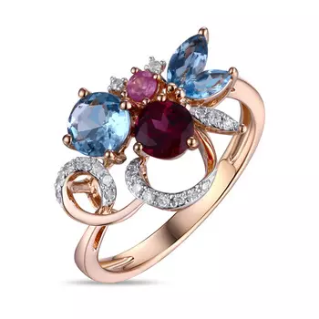 Золотое Кольцо c топазом, бриллиантами, родолитом и цветными сапфирами