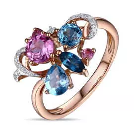 Золотое кольцо c топазом, бриллиантами, сапфирами и выращенным сапфиром