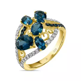 Золотое Кольцо c топазом, бриллиантами и цветными бриллиантами