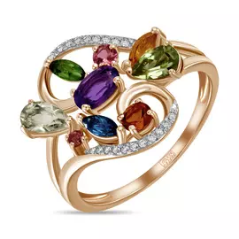 Золотое кольцо c аметистом, топазом, цитрином, бриллиантами, перидотом, кварцем, турмалином и хромдиопсидом