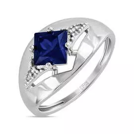 Золотое кольцо c выращенным сапфиром и фианитами