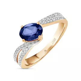 Золотое кольцо c выращенным сапфиром и фианитами