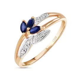 Золотое кольцо c выращенным сапфиром и фианитами