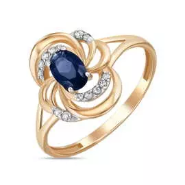 Золотое кольцо c выращенным сапфиром и фианитами