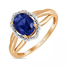 Золотое кольцо c выращенным сапфиром и фианитами
