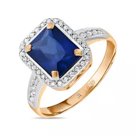 Золотое кольцо c выращенным сапфиром и фианитами