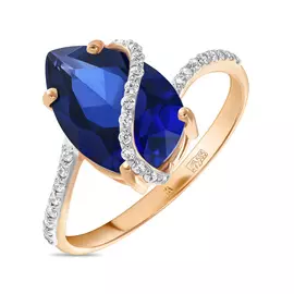 Золотое кольцо c выращенным сапфиром и фианитами