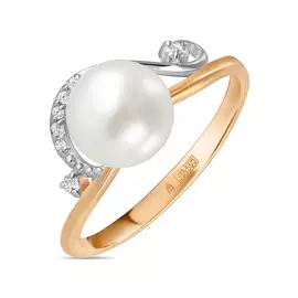 Золотое кольцо c жемчугом и фианитами