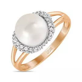 Золотое кольцо c жемчугом и фианитами