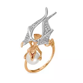 Золотое кольцо c жемчугом и фианитами