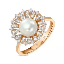 Золотое кольцо c жемчугом и фианитами