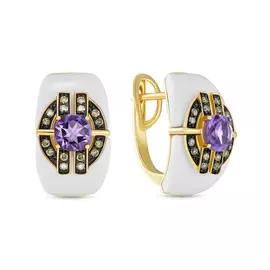 Золотые серьги c агатами, аметистами и бриллиантами