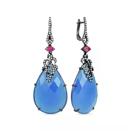 Золотые серьги c агатами, бриллиантами и рубинами