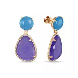 Золотые серьги c агатами, бриллиантами и жадеитами