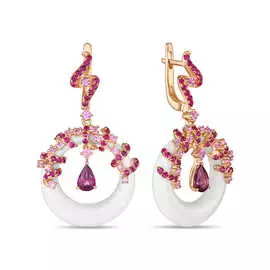 Золотые Серьги c агатами, родолитом, рубинами и цветными сапфирами