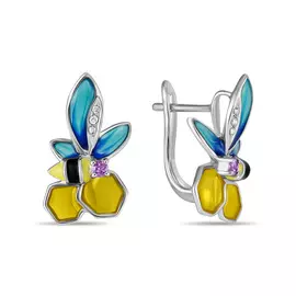 Золотые серьги c аметистами, бриллиантами и эмалью